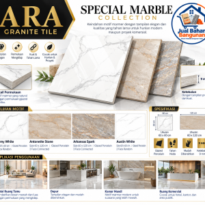 ARA Granite Tile Special Marble Collection yang menampilkan motif Ammy White, Antonette Stone, Arkansas Spark, dan Austin White, lengkap dengan spesifikasi ukuran, ketebalan, serta contoh aplikasi interior.