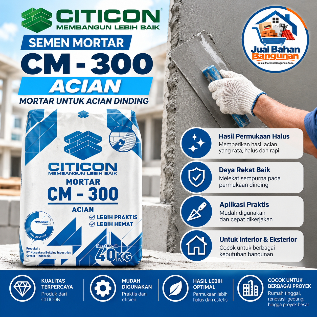 Citicon CM-300 Acian – Semen Mortar untuk Acian Dinding 40 kg
