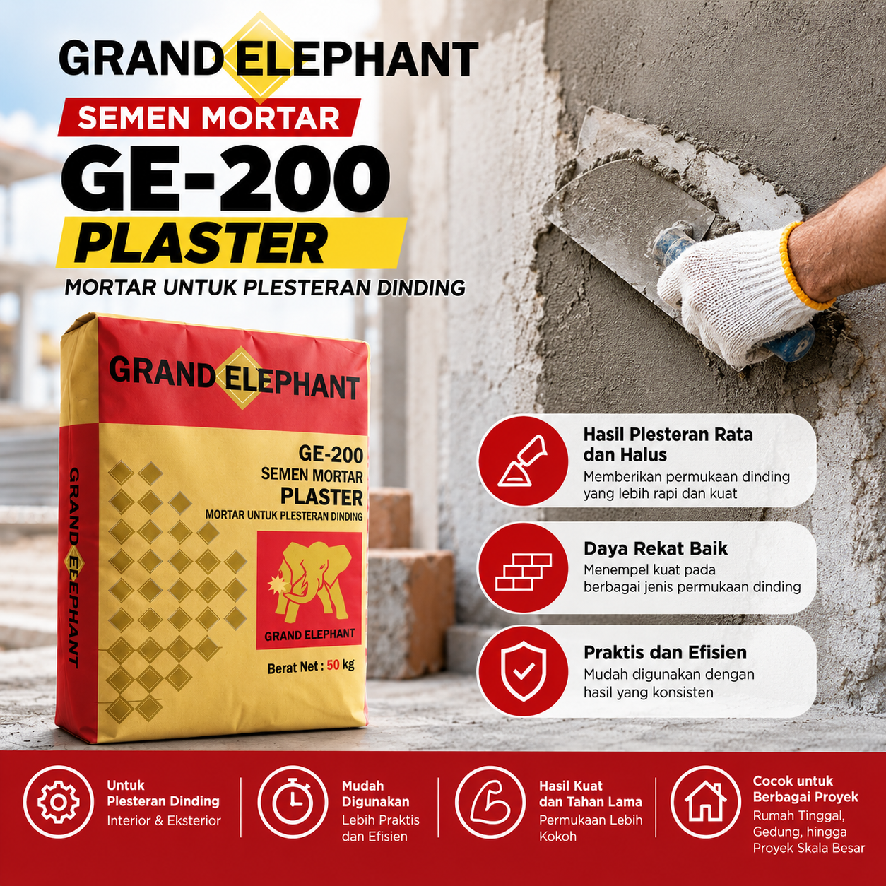 Semen Mortar Grand Elephant GE-200 Plaster 50 kg untuk plesteran dinding interior dan eksterior