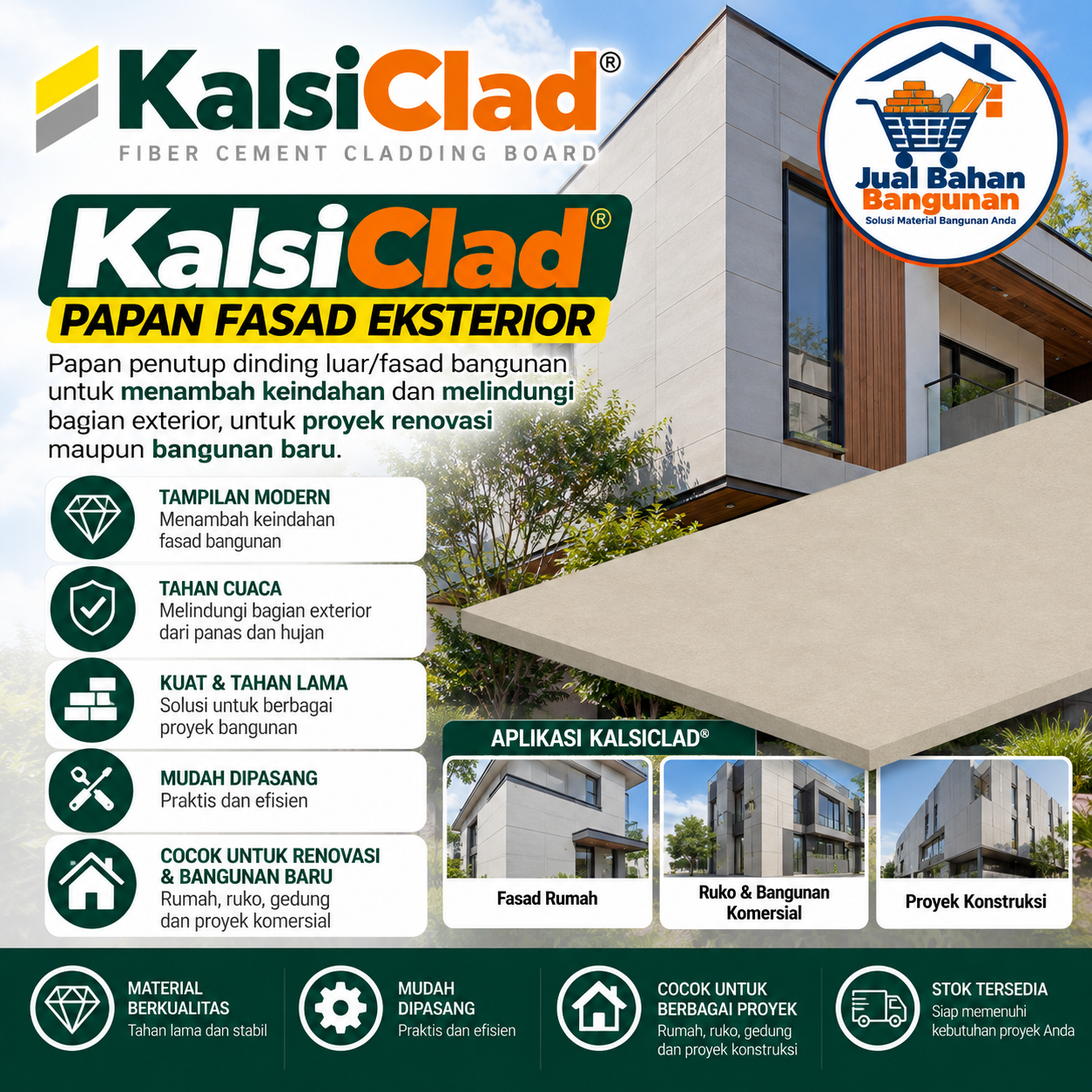 KalsiClad® papan fiber semen untuk pelapis dinding luar dan fasad bangunan, cocok untuk renovasi maupun bangunan baru.