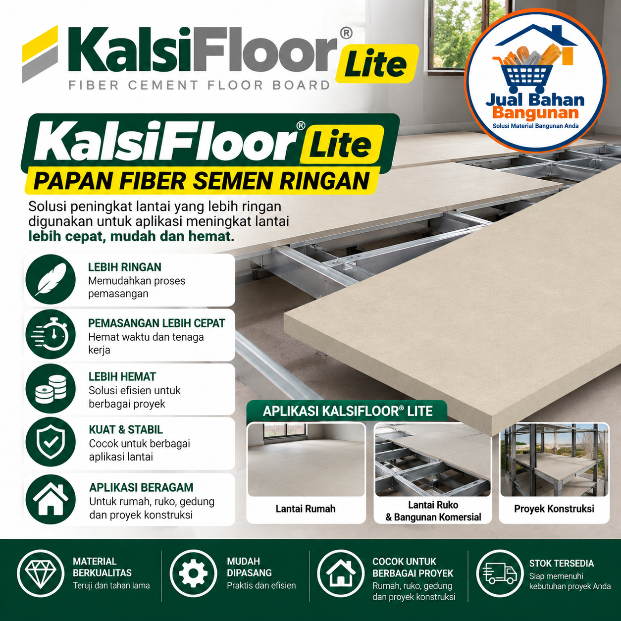 KalsiFloor® Lite papan fiber semen ringan untuk aplikasi peningkat lantai yang cepat, mudah, dan hemat.