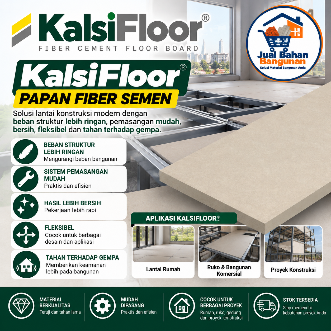 KalsiFloor® papan fiber semen untuk lantai dengan beban struktur lebih ringan, pemasangan mudah, bersih, fleksibel, dan cocok untuk berbagai proyek konstruksi.