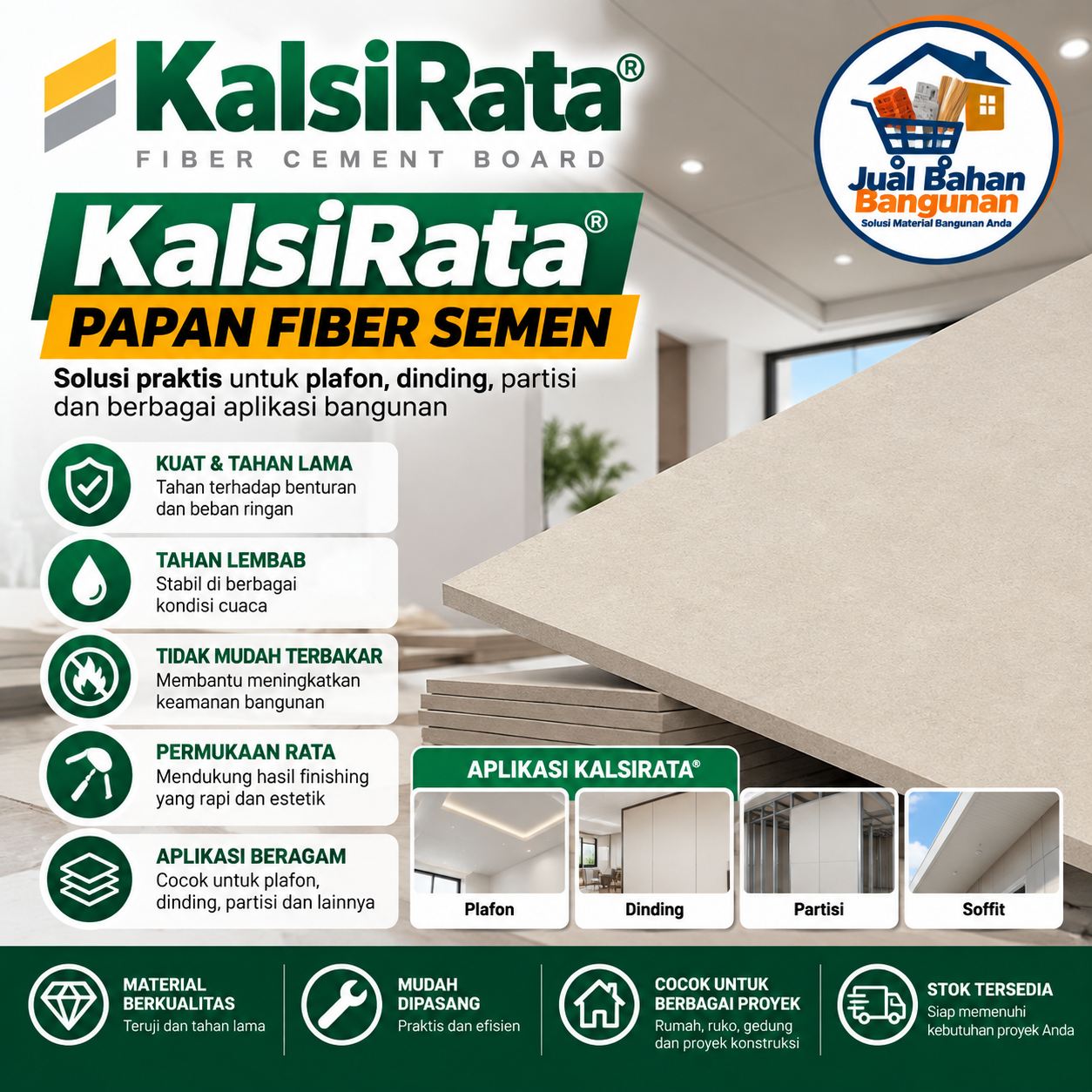 KalsiRata® papan fiber semen untuk plafon, dinding, partisi, soffit, dan berbagai aplikasi bangunan.