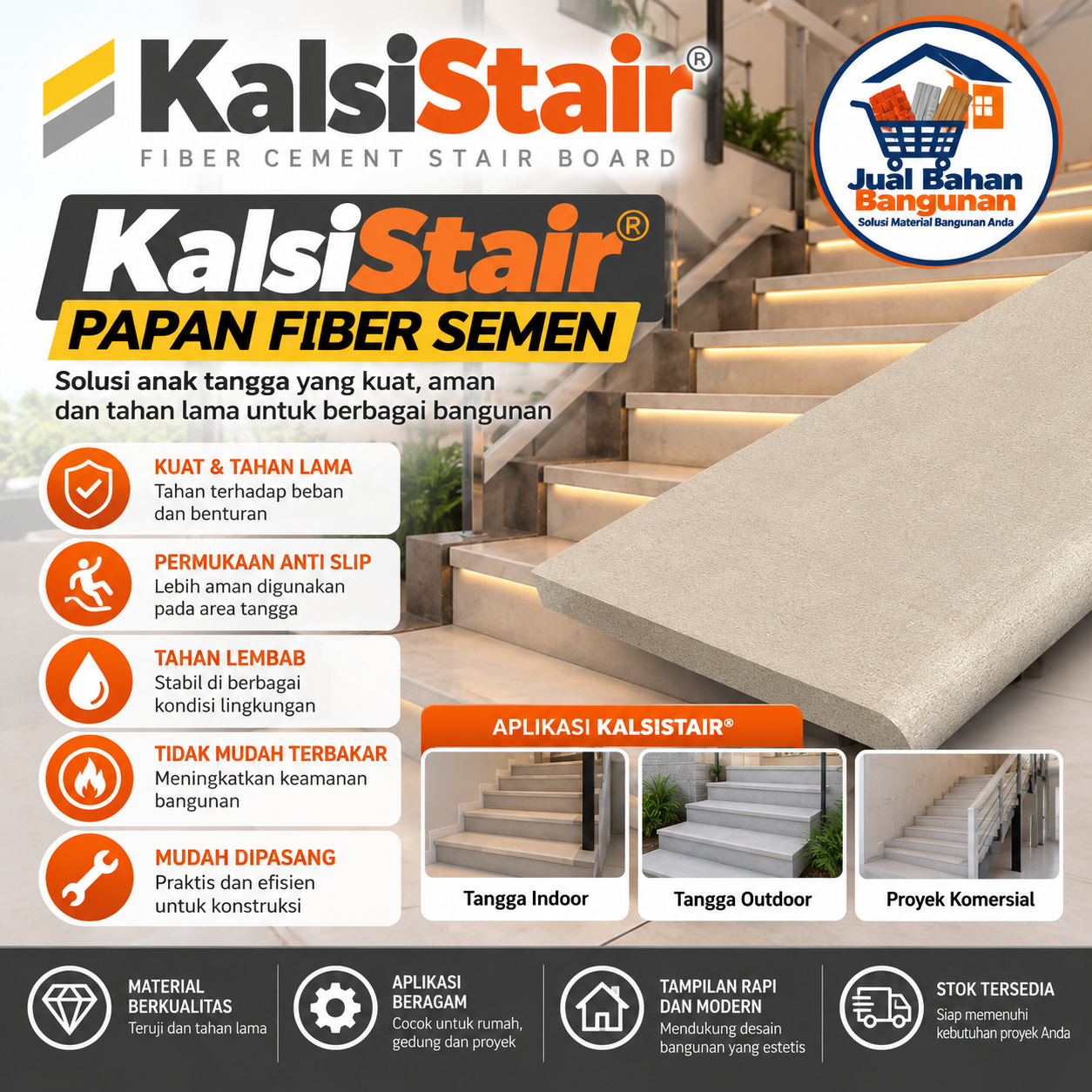KalsiStair® papan fiber semen untuk anak tangga dengan aplikasi pada bangunan rumah, komersial, dan berbagai proyek konstruksi.