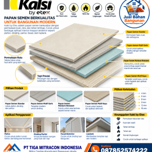 Papan Semen Kalsi by Etex yang menampilkan berbagai jenis papan semen, detail permukaan, pilihan ketebalan, aplikasi plafon, dinding, fasad, dan lisplank.