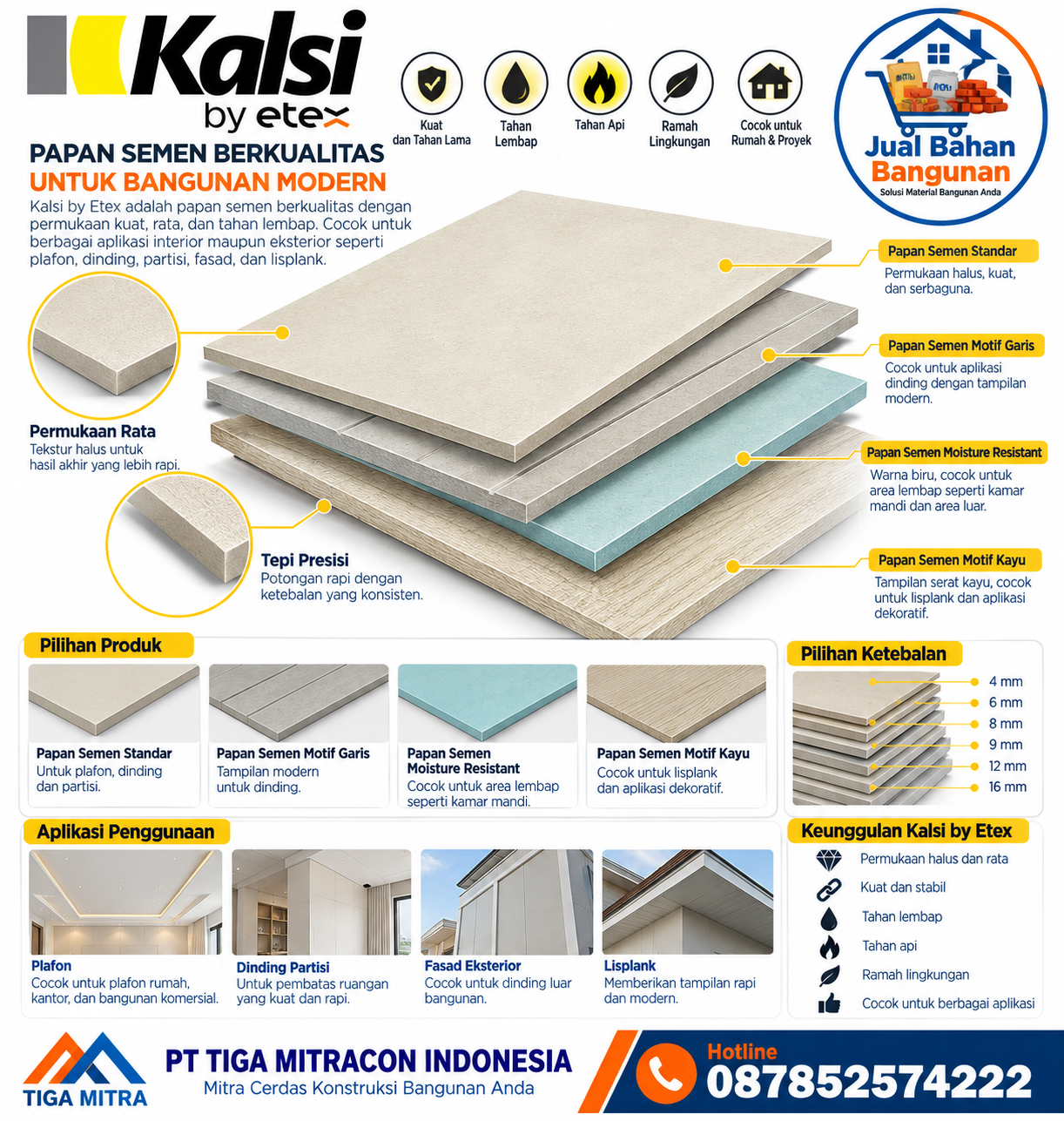 Papan Semen Kalsi by Etex yang menampilkan berbagai jenis papan semen, detail permukaan, pilihan ketebalan, aplikasi plafon, dinding, fasad, dan lisplank.