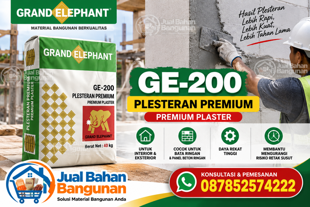 Semen Mortar GE 200 Grand Elephant untuk plesteran bata ringan