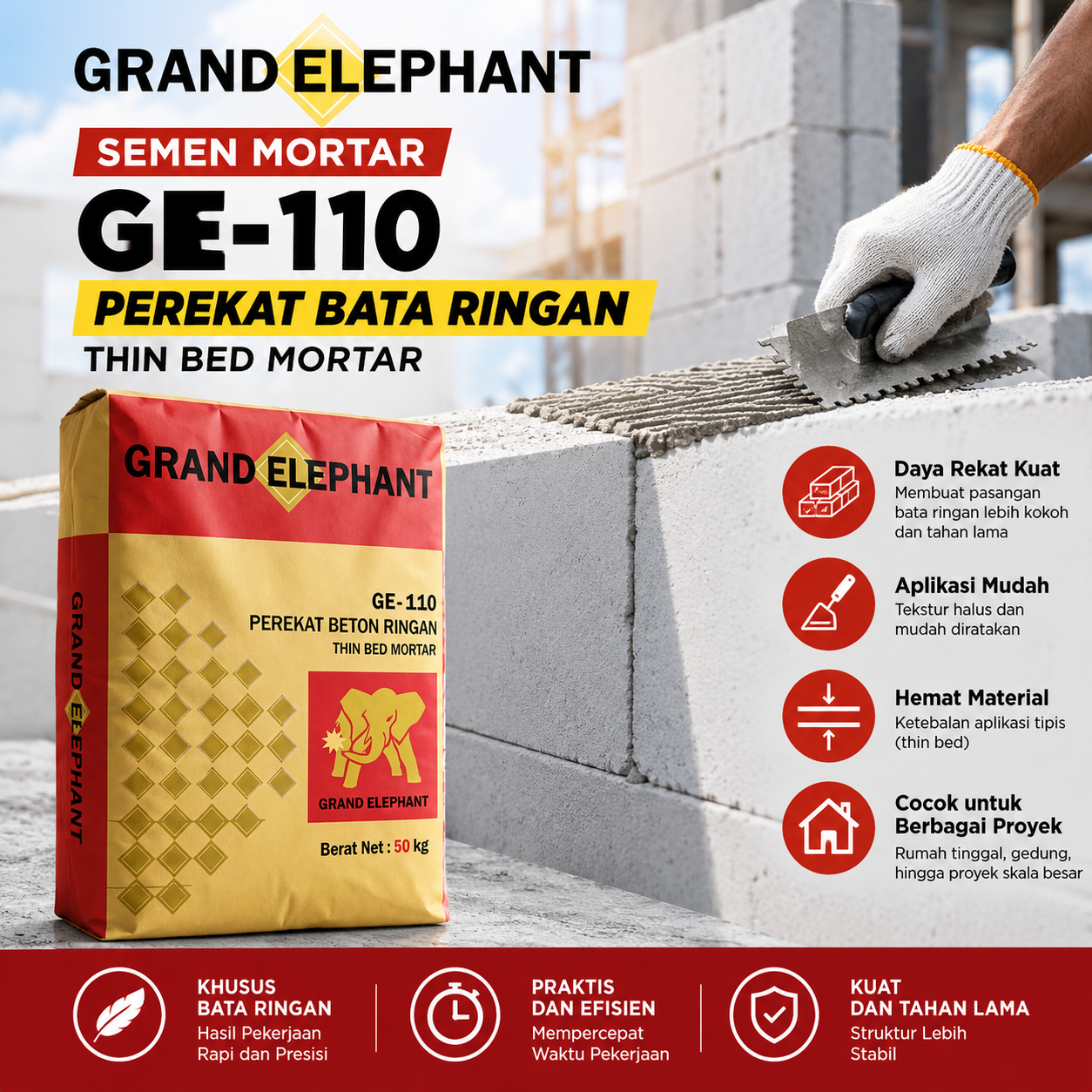 Grand Elephant GE-110 Semen Mortar Perekat Bata Ringan 50 kg