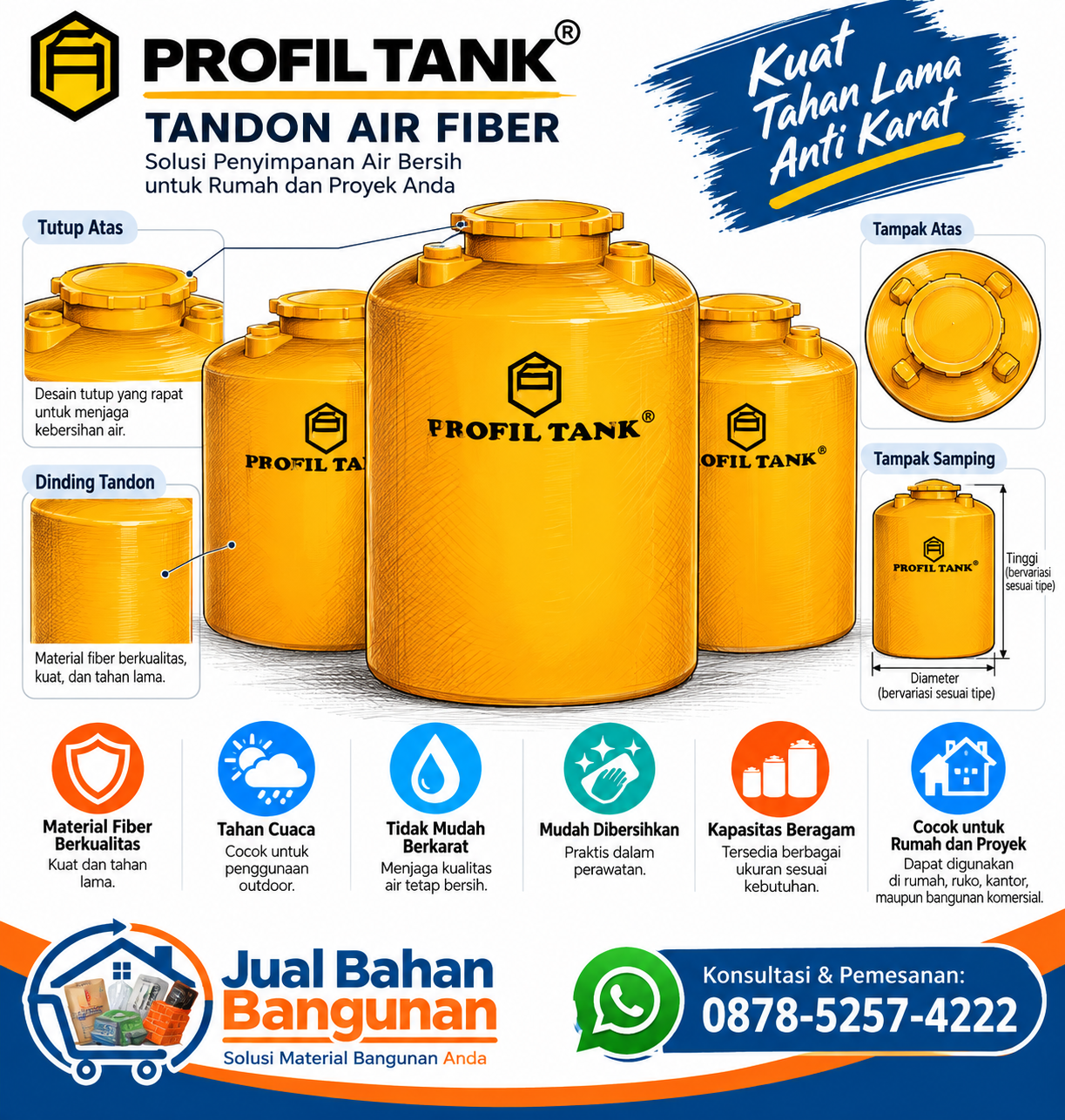 Tandon Air Profil Tank Fiber untuk Penyimpanan Air Bersih