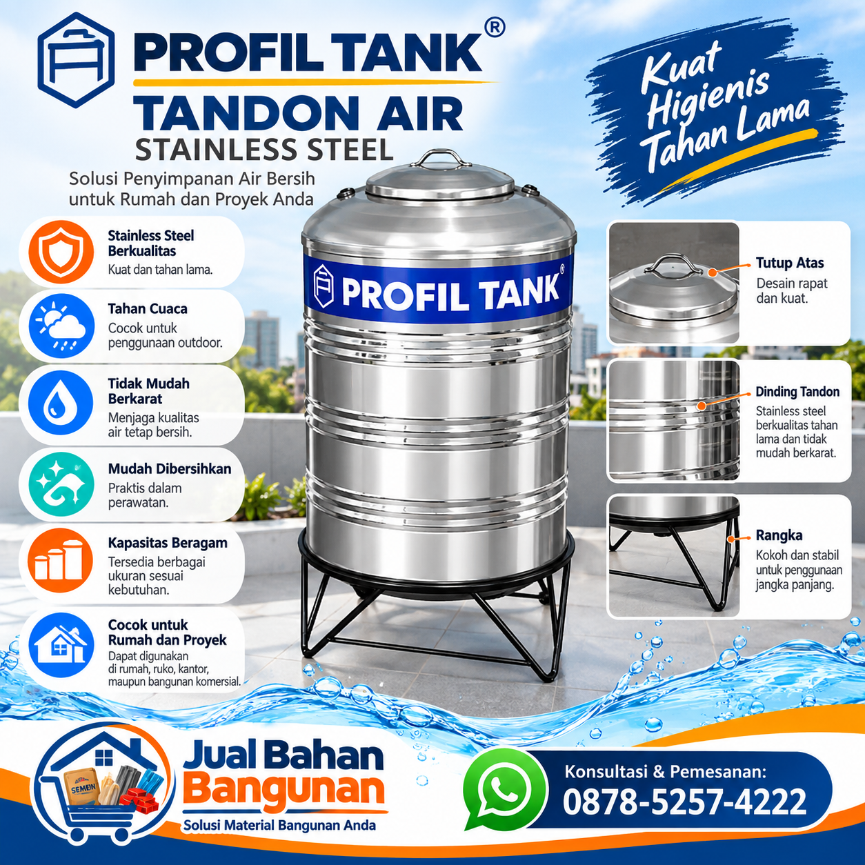 Tandon Air Profil Tank Stainless Steel untuk Penyimpanan Air Bersih
