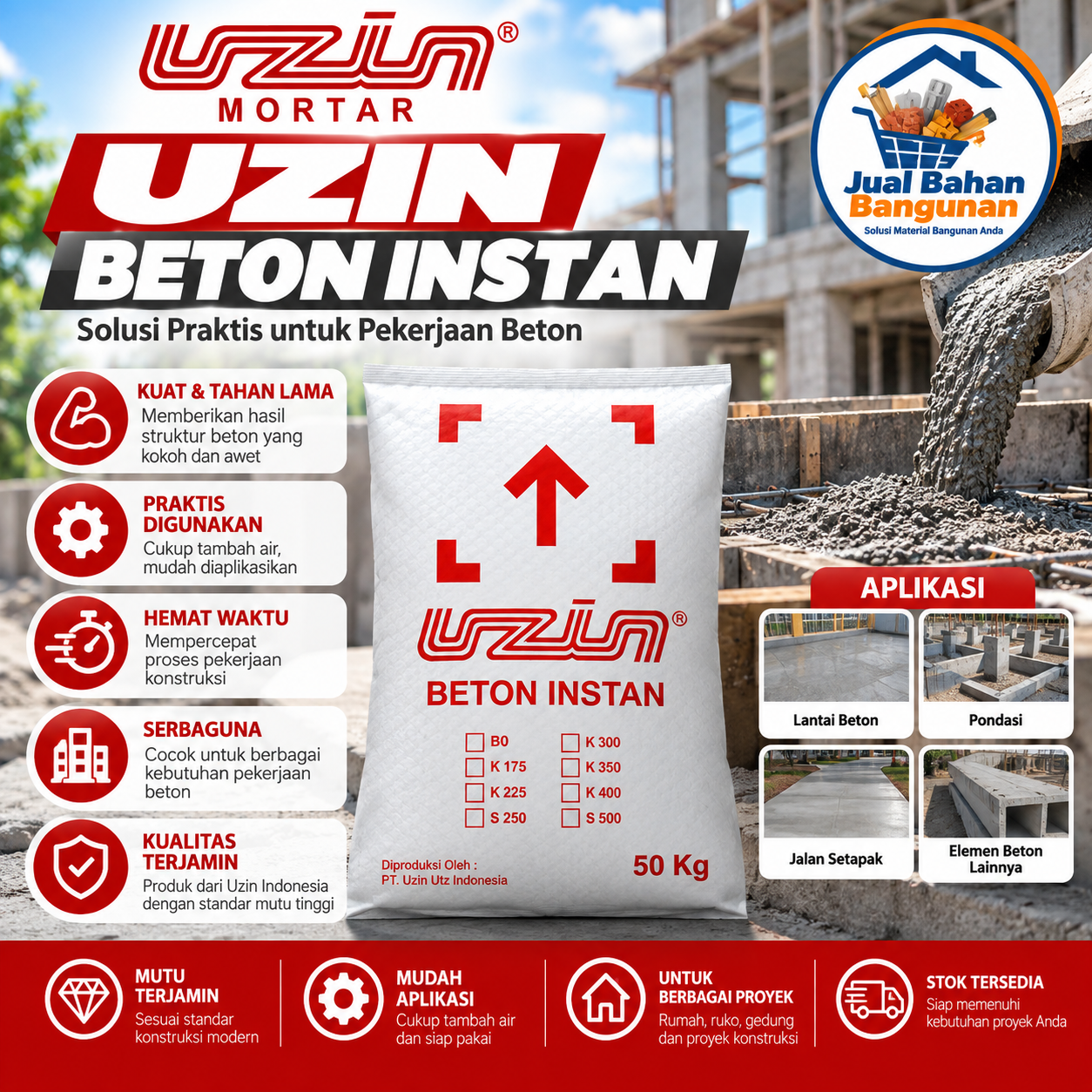 Uzin Beton Instan 50 kg untuk berbagai kebutuhan pekerjaan beton, tersedia di Jual Bahan Bangunan