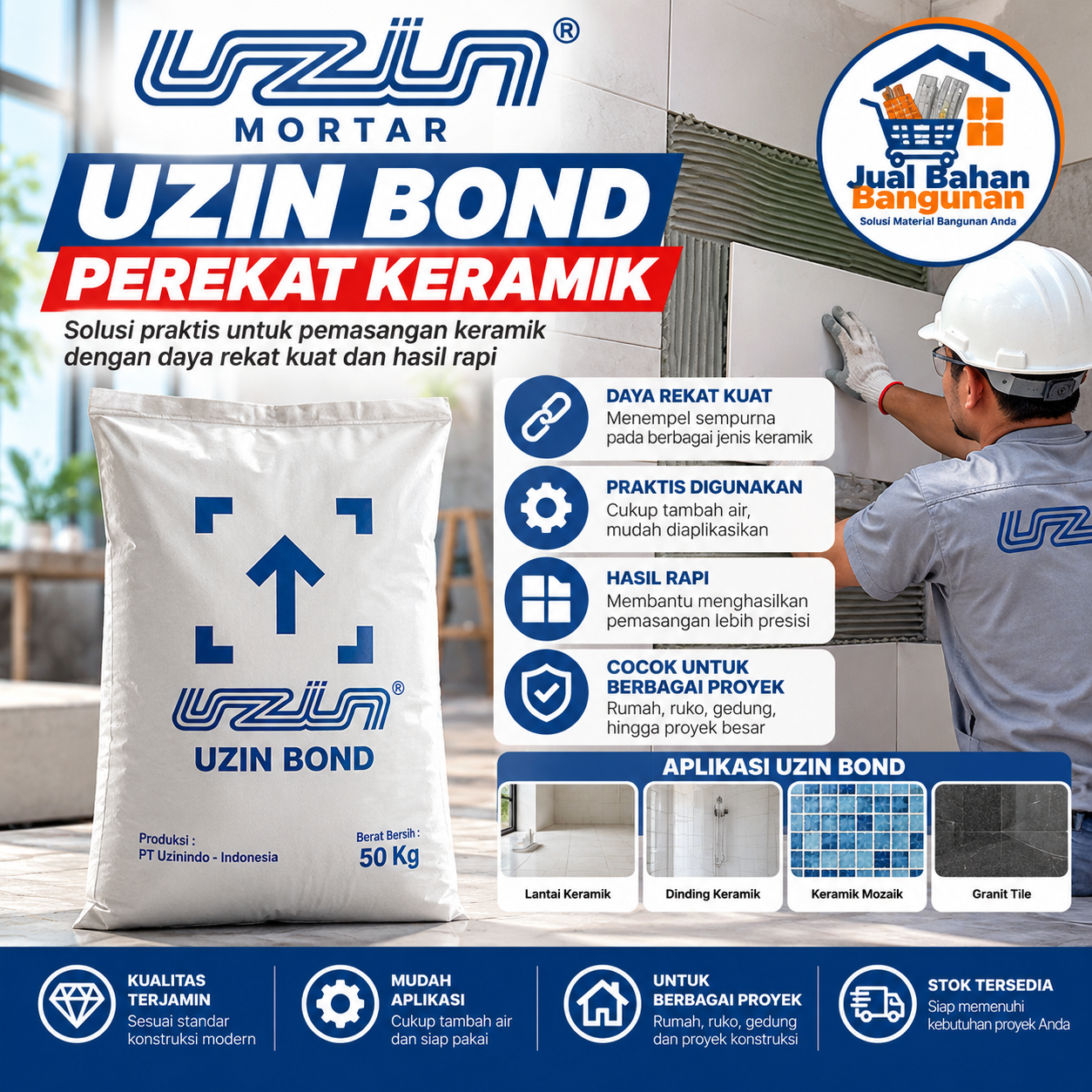 Uzin Bond 50 kg perekat keramik untuk pemasangan keramik lantai dan dinding dengan aplikasi praktis.