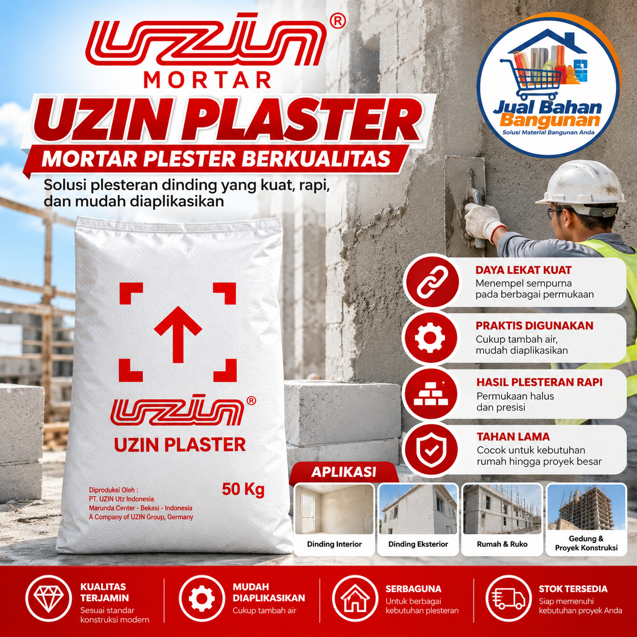 Uzin Plaster Mortar 50 kg untuk pekerjaan plester dinding, tersedia di Jual Bahan Bangunan