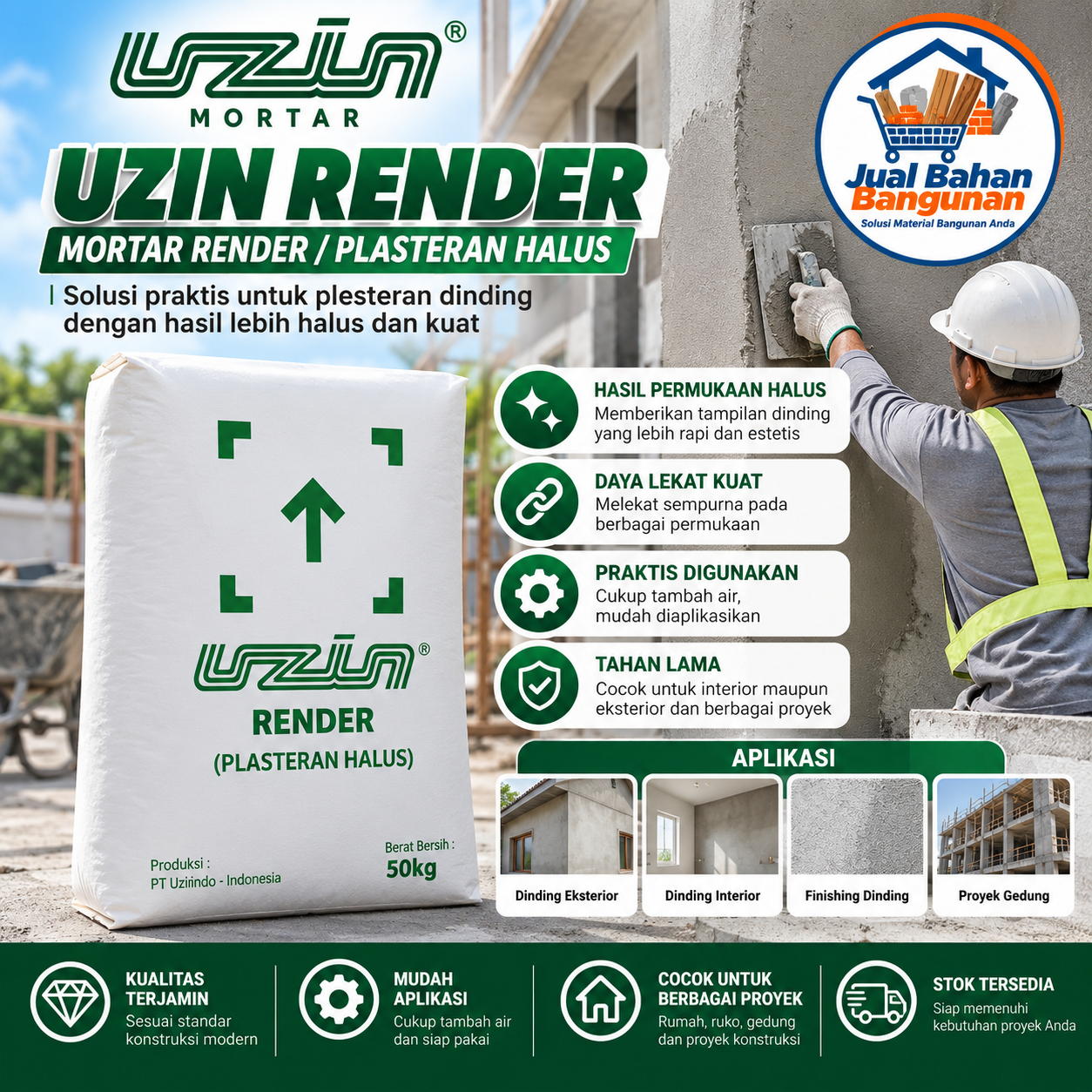 Uzin Render Mortar 50 kg untuk plesteran halus dinding interior dan eksterior, tersedia di Jual Bahan Bangunan