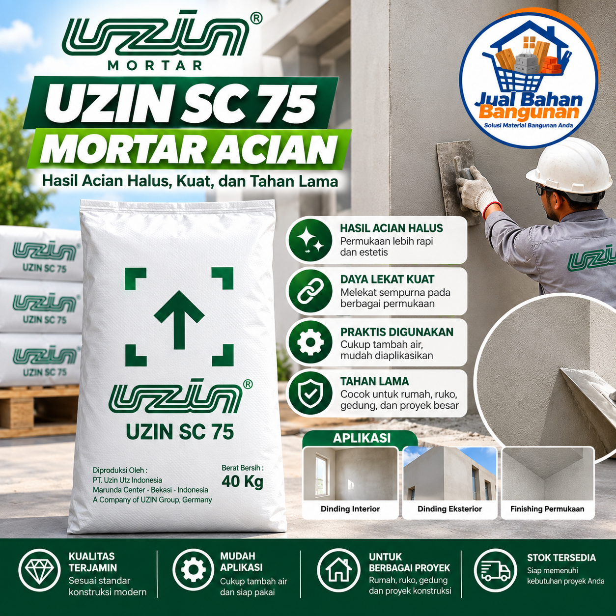 Uzin SC 75 Mortar Acian 40 kg untuk pekerjaan acian dinding, tersedia di Jual Bahan Bangunan