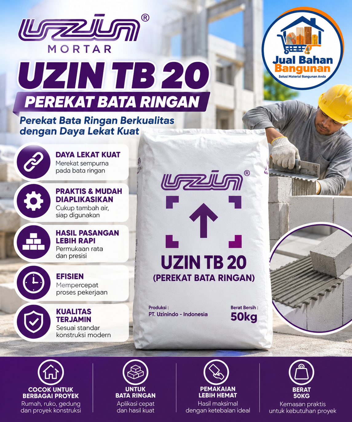 Uzin Mortar TB 20 Perekat Bata Ringan 50 kg untuk kebutuhan konstruksi